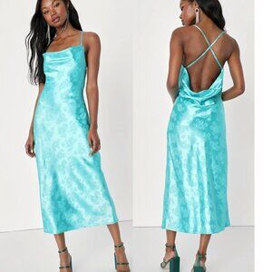 Timeless Cutie Teal Floral Jacquard Cowl Slip Dress Size Medium NWT